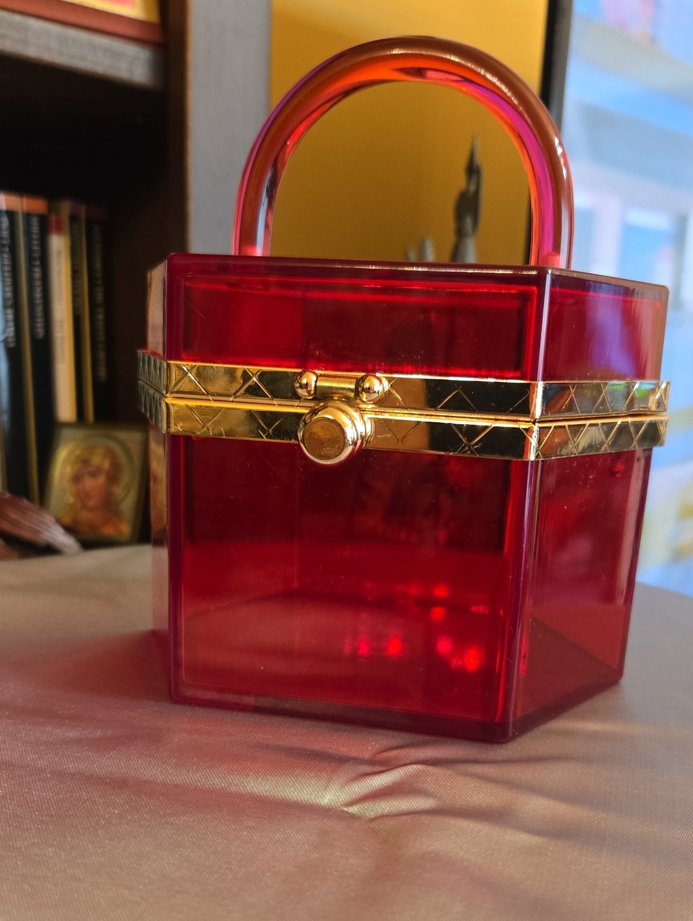 Red Acrylic Box Handbag with Gold Accent